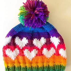Rainbow Hat with White Hearts, Hand Knit Winter Hat In Rainbow Colors, Rainbow Pom Pom Beanie, Snowboard Beanie, Ski Hat