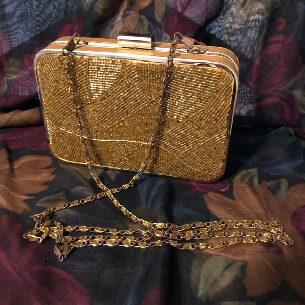 Vintage Rectangular Beaded Gold Purse Clutch