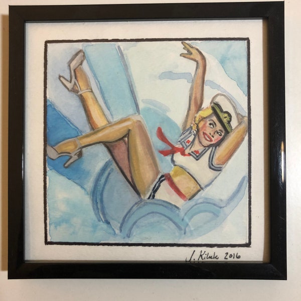 Framed Original OOAK watercolor Leggy Nautical Sailor Pin up Girl 4 x 4 inches