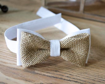 burlap bow tie for kids/Burlap bow ties for boys/white cotton bow tie/boys bow ties/with strap/clip on bow ties/baby/kids/two layers
