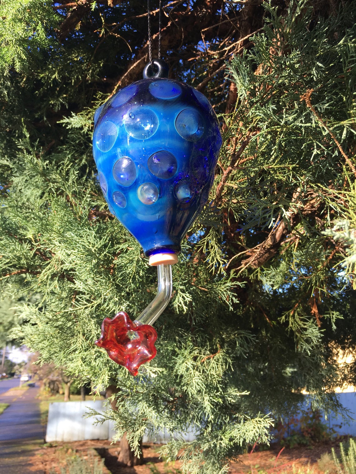 Blue Glass Hummingbird Feeder Etsy