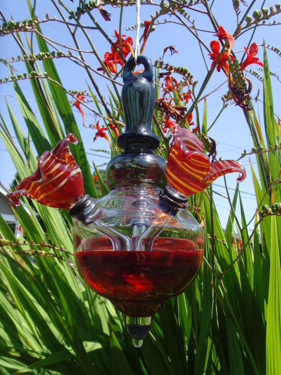 Hummingbird Feeder Hand Blown Glass 3 Feeding Spouts Etsy
