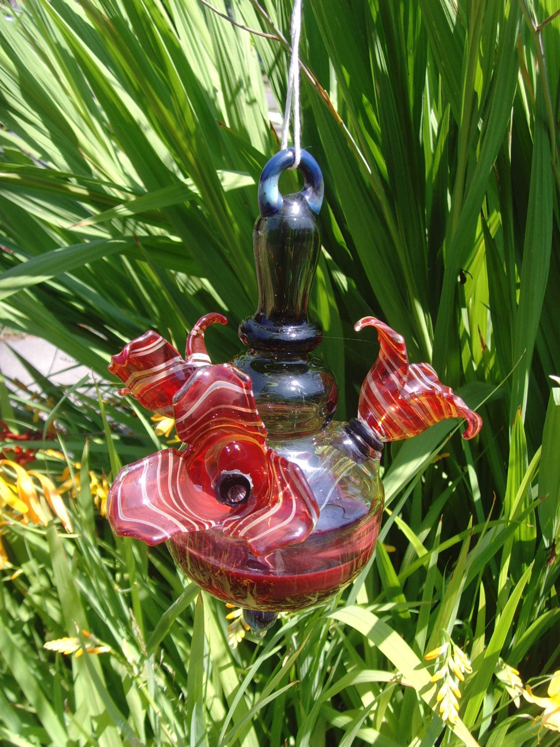 Hummingbird Feeder Hand Blown Glass 3 Feeding Spouts Etsy
