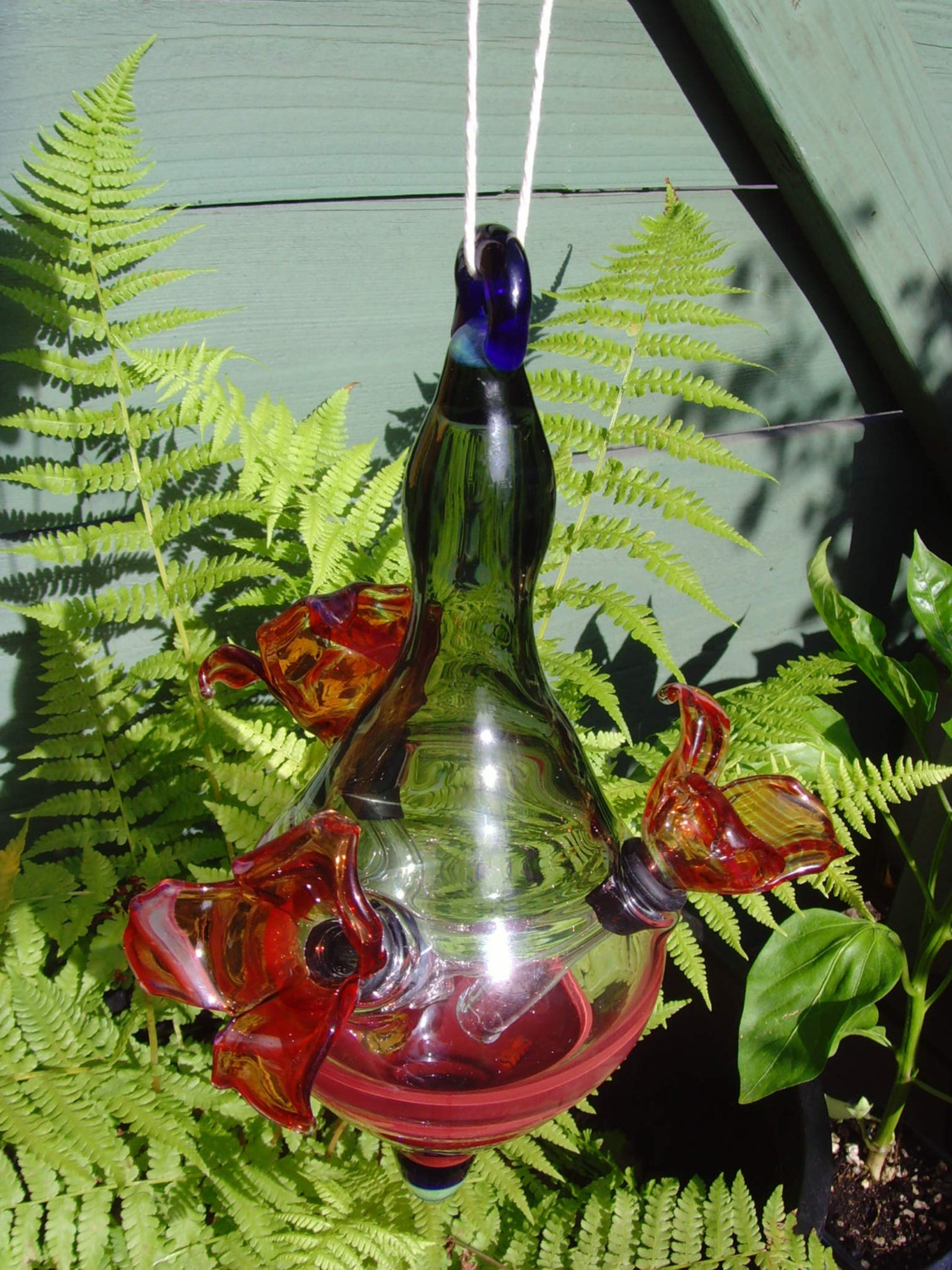 Hummingbird Feeder Hand Blown Glass 3 Feeding Spouts Etsy