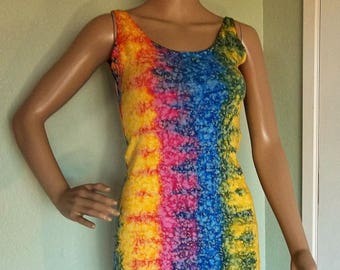 Vintage TIE DYE Tank Dress Multi Color S / M 1980s Mini Dress Body Con IN Gear Brand Splatter