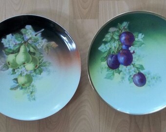 TWO Vintage Three Crown China Germany Hand Painted PLATES Pears & Plums GREAT