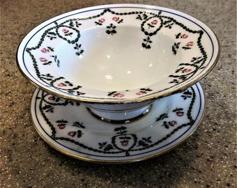 Rare 1908 MINTON H985 Baked Apple Dish & Saucer Enamel FLORAL Hand Painted