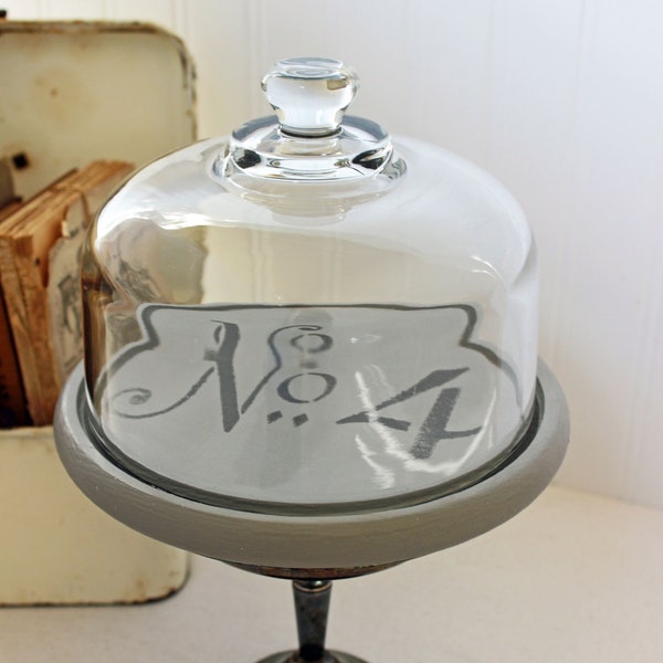 Decorative Glass Cloche // Wood Base // Stenciled No. 4 // Vintage Chic Home