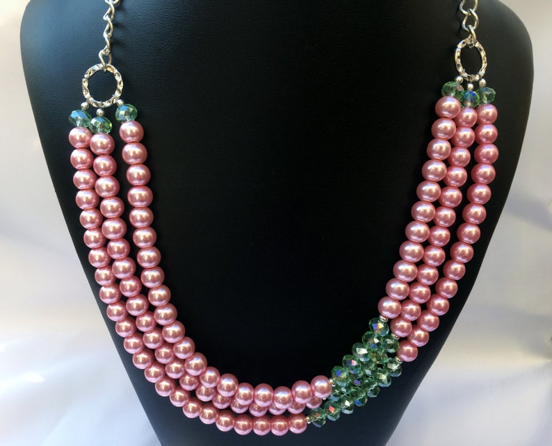 Pink Green Beaded Necklace Sharen Pink Green Necklace Pink pearl necklace Pearl Necklace Pink necklace Layered Necklace