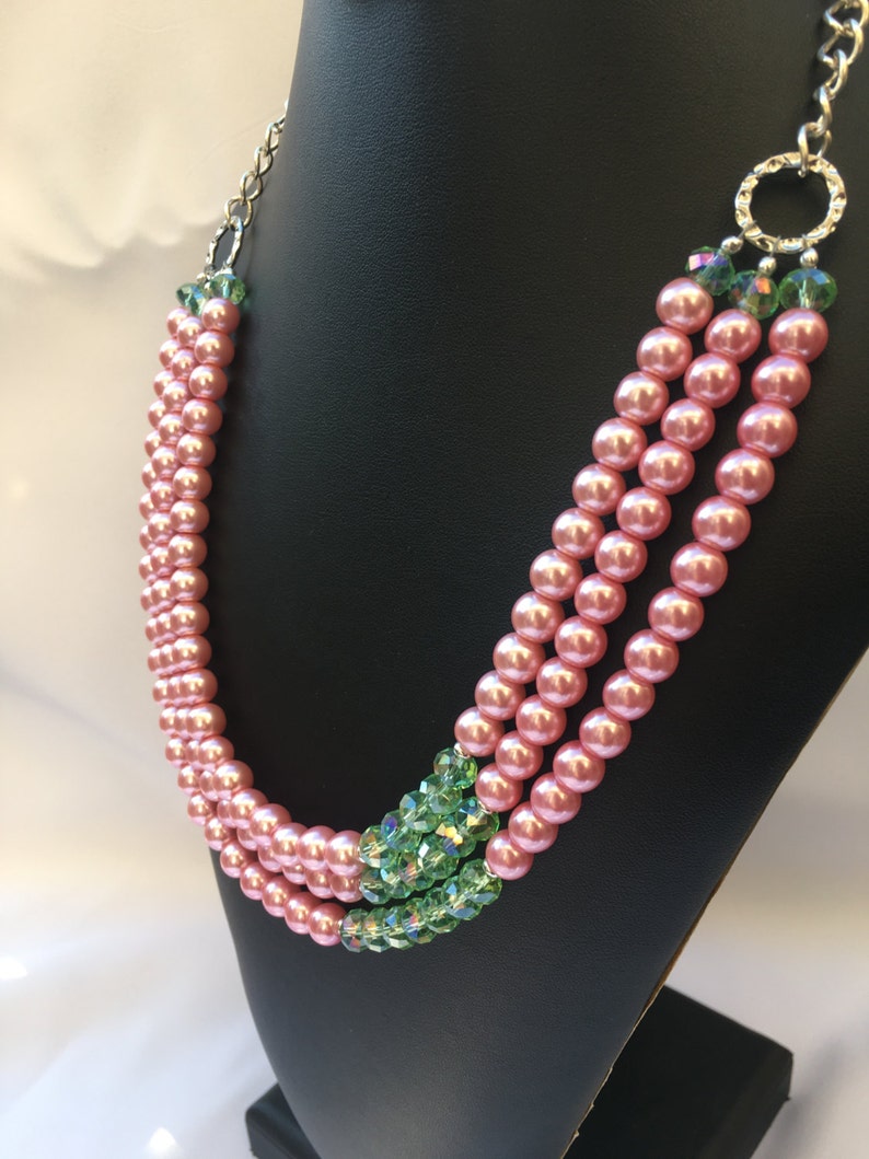 Pink Green Beaded Necklace Sharen Pink Green Necklace Pink pearl necklace Pearl Necklace Pink necklace Layered Necklace