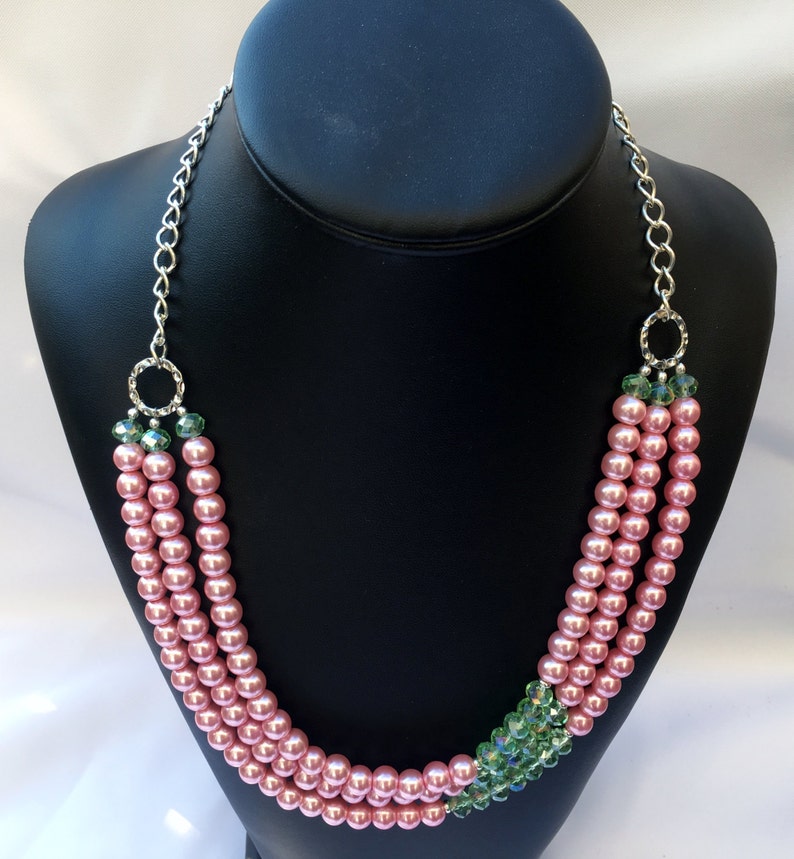 Pink Green Beaded Necklace Sharen Pink Green Necklace Pink pearl necklace Pearl Necklace Pink necklace Layered Necklace