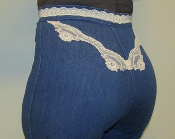 1960s/70s Vintage Super High Waist Booty Jeans 32w 33L// ~Modern Med/Lrg  Cool lace trim-Made in California USA!