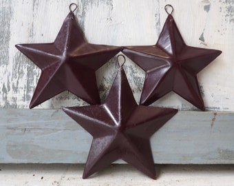 SIX  3.5 inch metal stars  Maroon Burgundy-brown tin 3D stars barn stars for crafts 3 1/2"