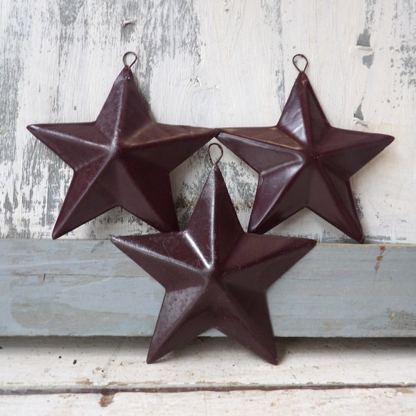 SIX  3.5 inch metal stars  Maroon Burgundy-brown tin 3D stars barn stars for crafts 3 1/2"