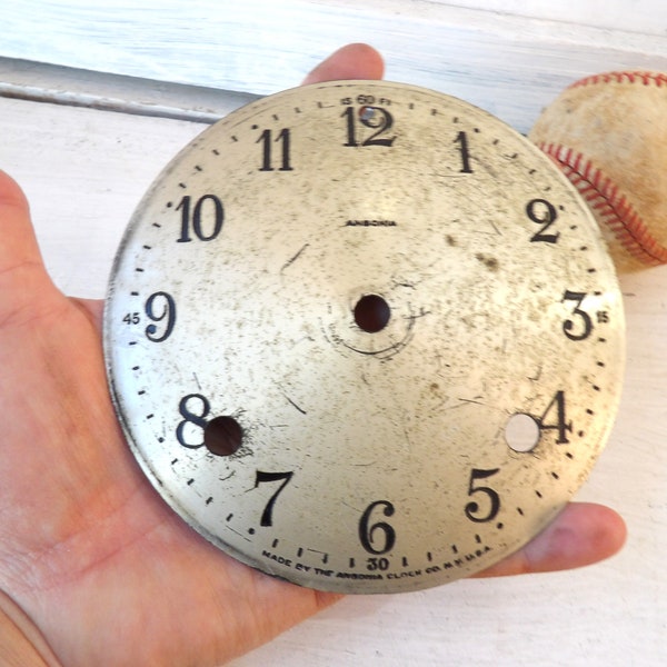 Shabby Antique vintage clock face Ansonia metal clockface 5inch clock parts display Scratches wear JA7