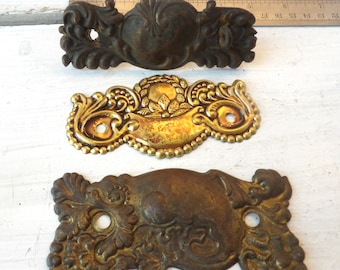 3 Antique pull handle back plates backplates , stamped pressed brass hardware  NOT matching N5