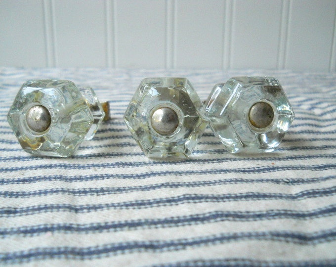 3 Vintage Glass Knobs Drawer Pulls Clear Hexagonal Etsy