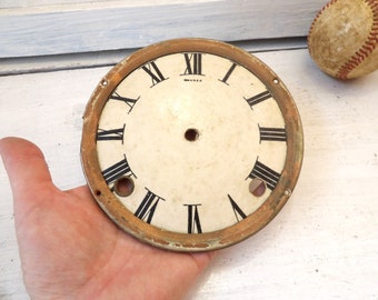 Antique Vintage shabby clock face , paper card over metal mantle clock dial, 5 1/2" Rustic decor JA12