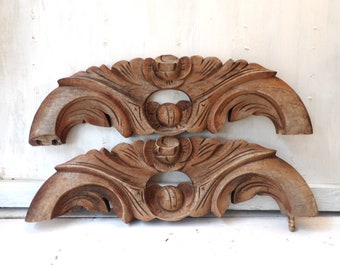 2 Antique shabby wooden chair rail pieces , Carved wood furniture salvage , Victorian rose motif