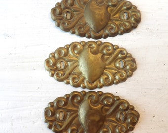 3 Antique pull handle back plates backplates , stamped press brass hardware  matching N2