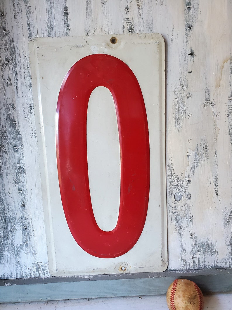 19 inch metal 0 Vintage gas station embossed number zero sign Large red white aluminum number N12