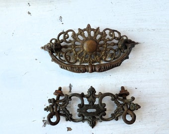 2 Antique pull handle back plates backplates , one with bail, brass hardware not matching N1