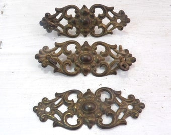 3 Antique handle back plates backplates , Vintage pressed metal pull backs , Victorian ornate scrolling motif no bail