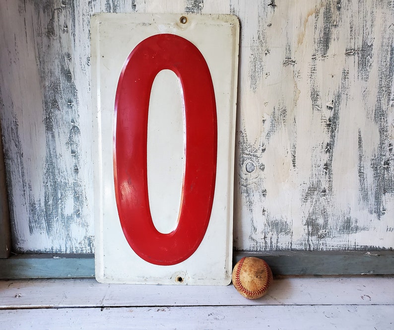 19 inch metal 0 Vintage gas station embossed number zero sign Large red white aluminum number N12