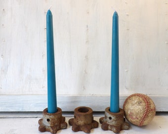 THREE rusty gear candle stick holders Industrial gears taper candlestick holder 2 3/4"