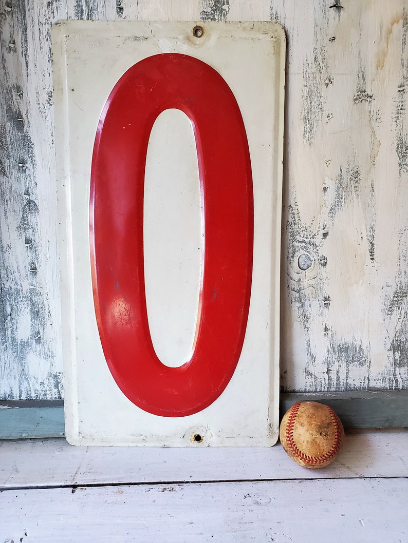 19 inch metal 0 Vintage gas station embossed number zero sign Large red white aluminum number N12