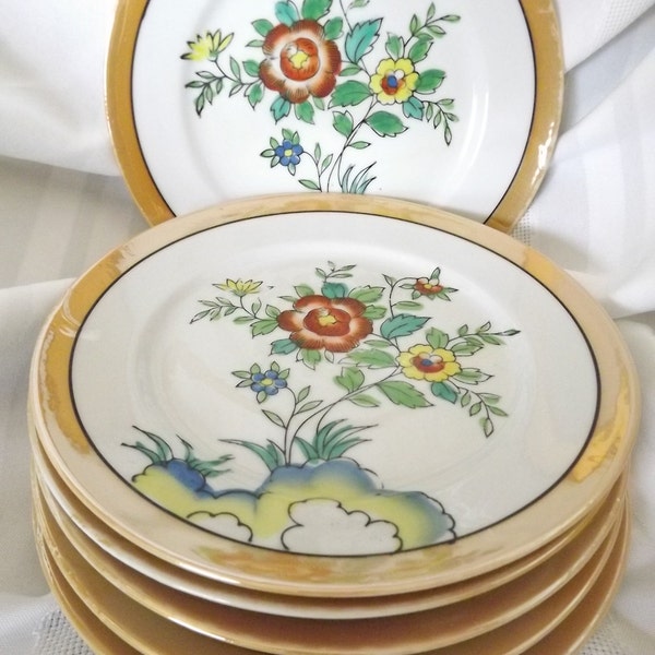 Vintage Set of 6 Takito Company Japanese Lustreware Dessert Plates Porcelain 1920s 1930s