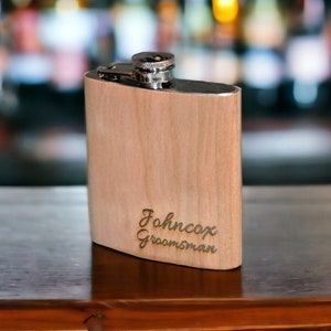 Engraved Cherry Wood Wrapped Stainless Steel 6OZ Flasks Engraving Design included. Wedding Gift, favor, groomsman, best man.