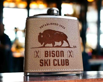 Vegan Leather Custom Engraved 6oz Flask - Personalized Elegance for Every Sip! Engraving and design is included for free.