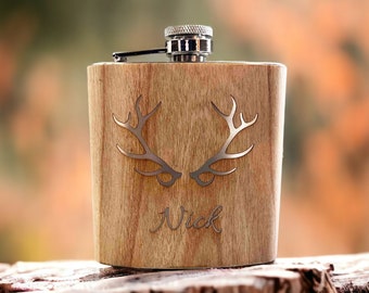 10% off Custom Engraved Cherry Wood Wrapped Stainless Steel 6OZ Flasks Engraving Design included. Wedding Gift, favor, groomsman, best man.