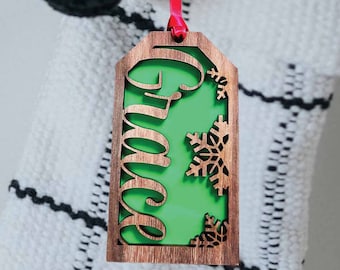 Gift Tags Custom Cut By Laser. Great personal touch for stockings or presents. Made from real Walnut Wood and Acrylic Name Tag Wood Tag