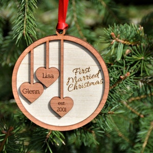 Old fashioned custom engraved Christmas ornaments, personalized laser engraved and cut. First Married Christmas