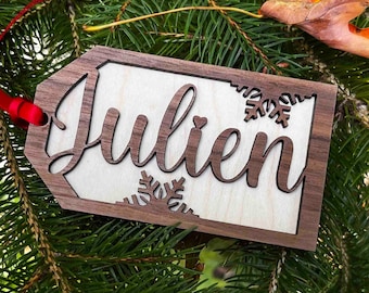 Gift Tags Custom Cut By Laser. Great personal touch for stockings or presents. Made from real Walnut Wood and Acrylic Name Tag Wood Tag