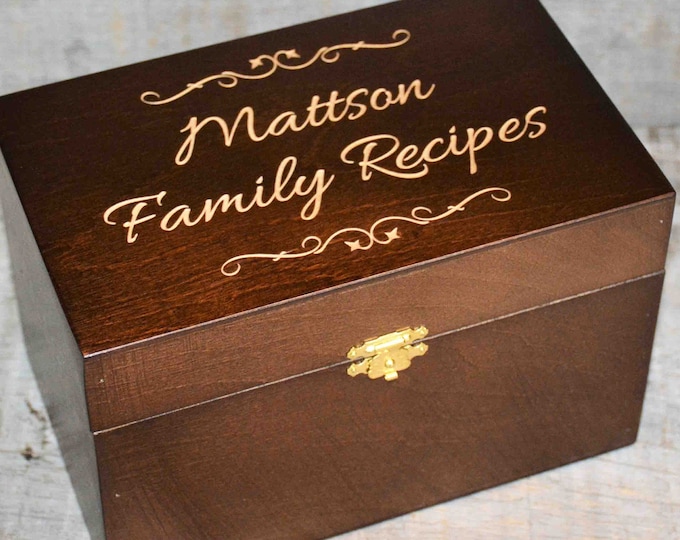 Custom Engrved Wooden Recipe Box. Walnut Stain Wood Box Personalized and engraved holds 4x6 Recipe Cards