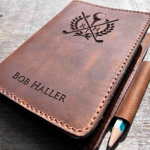 Bûche de golf en cuir gravée rechargeable, personnalisé, journal intime, carnet, journal intime gravé personnalisé, cuir véritable avec crayon, cadeau de golf
