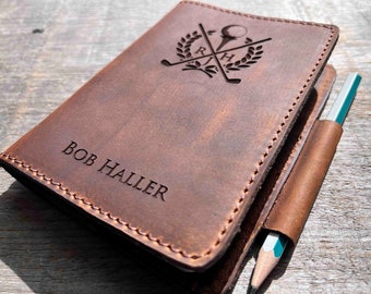 Re-fillable Engraved Leather Golf Log, Personalized, Diary, Notebook, Personalized Engraved Diary, Genuine Leather with pencil, golf gift