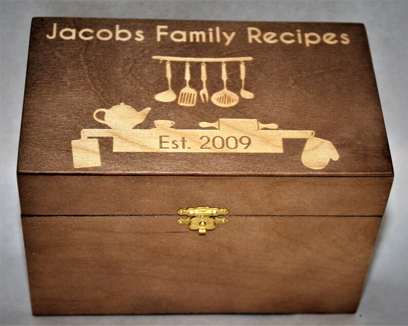 Custom Engrved Wooden Recipe Box. Walnut Stain Wood Box Personalized and engraved holds 4x6 Recipe Cards image 8