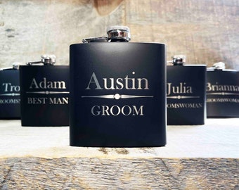 Black Metal Flasks Custom Engraved 6oz. Stainless Steel Engraving and Design all included.