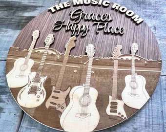 Custom Circular Dual Layer wooden sign. Engraved and cut by laser. Music Room Sign musician gift Guitar Sign