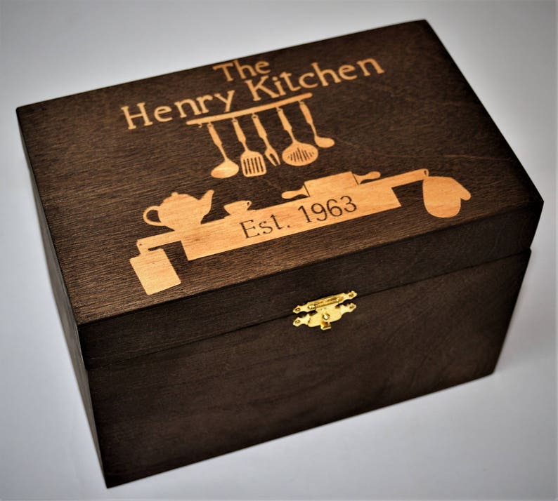 Custom Engrved Wooden Recipe Box. Walnut Stain Wood Box Personalized and engraved holds 4x6 Recipe Cards image 1