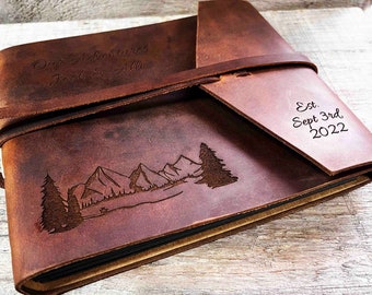Leather Photo Album, Engraved Personalized, Diary, Notebook, Engraved Genuine Leather Custom Flap tie