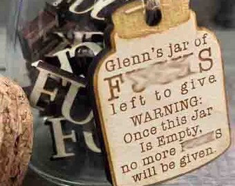 Jar of last F--Ks to give. Funny gag gift. Wooden Cut Out Bad Word Glass Jar with Cork Topper Spoof gift funny gift