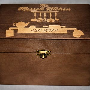 Custom Engrved Wooden Recipe Box. Walnut Stain Wood Box Personalized and engraved holds 4x6 Recipe Cards image 7