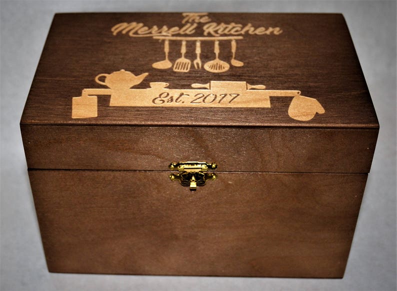 Custom Engrved Wooden Recipe Box. Walnut Stain Wood Box Personalized and engraved holds 4x6 Recipe Cards image 7