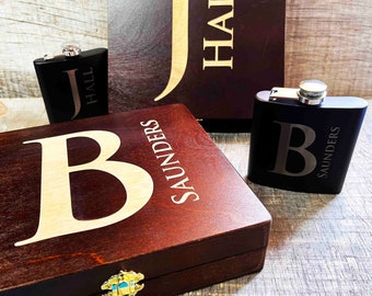 Engraved Flask and Wooden Box Giftset - perfect for wedding party gifts. Engraved and customized at no charge.
