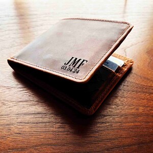 Cartera de cuero grabada personalizada, regalo para el Día del Padre, regalo para el padrino de boda, cartera personalizada, cartera con monograma, cartera delgada plegable